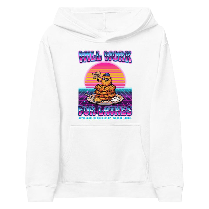 Will Work for Latkes 80s Jewish pride kids fleece hoodie in White - close-up