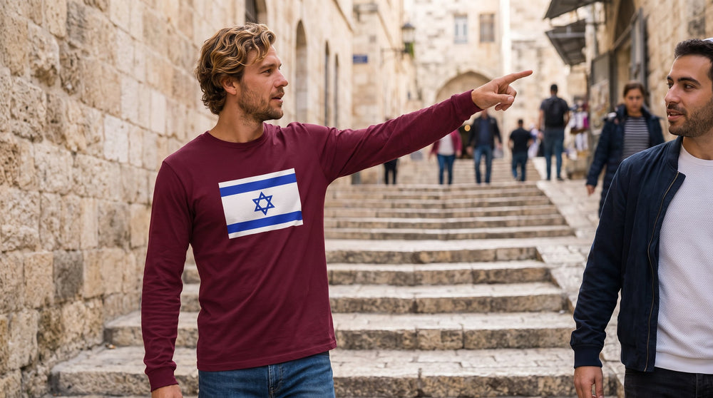 Israel Flag long sleeve shirt worn by a man in the Jerusalem Old City – MoT Member of the Tribe