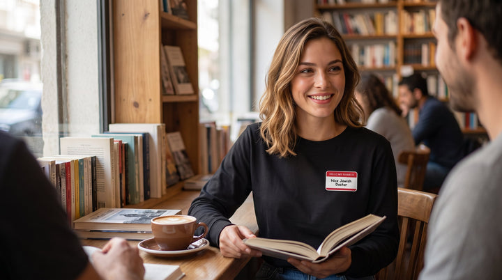 Nice Jewish Doctor long sleeve shirt worn by a woman in a Tel Aviv bookshop cafe – MoT Member of the Tribe