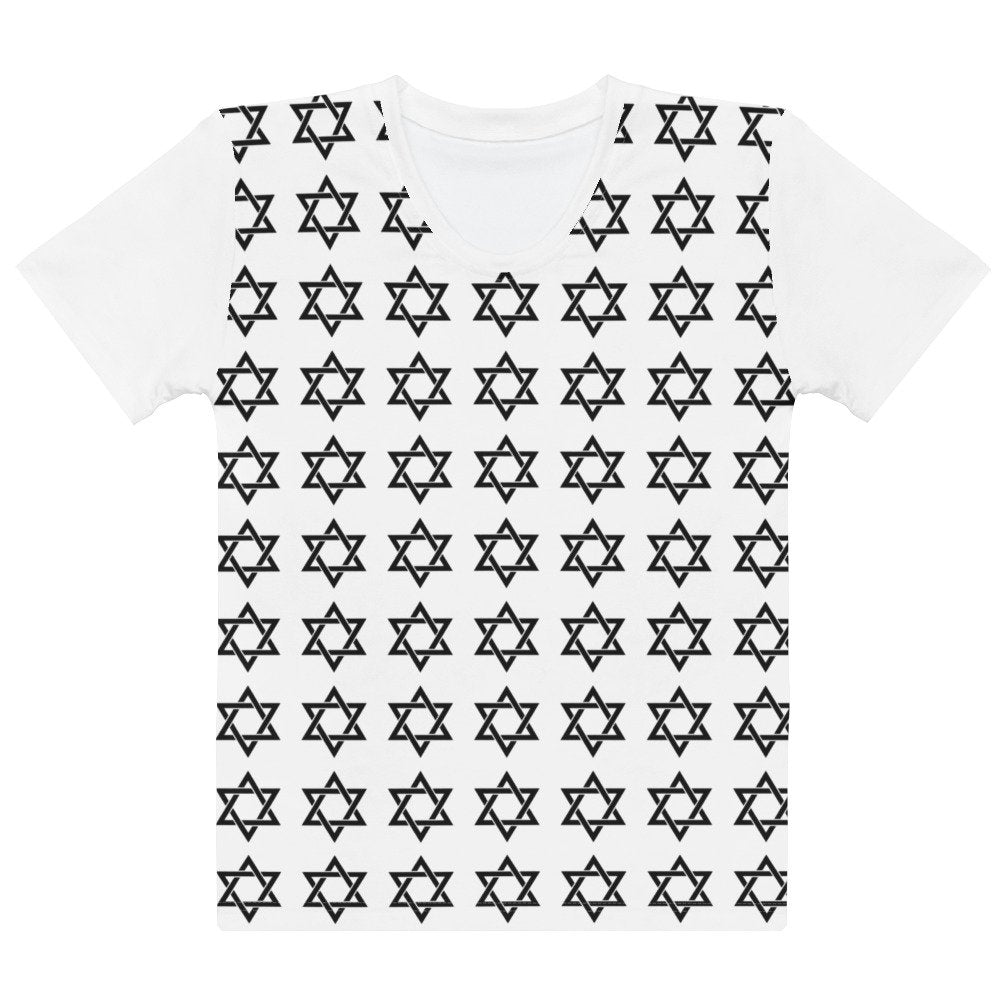 Magen David All Over women's crew neck t-shirt, white with black Star of David pattern - front view
