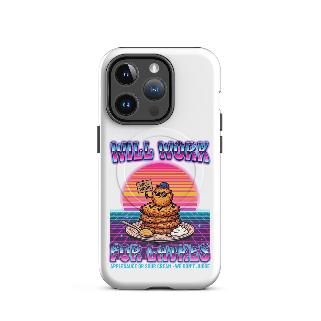Will Work for Latkes 80s Jewish pride magsafe® tough case for iphone® in Glossy - lifestyle shot
