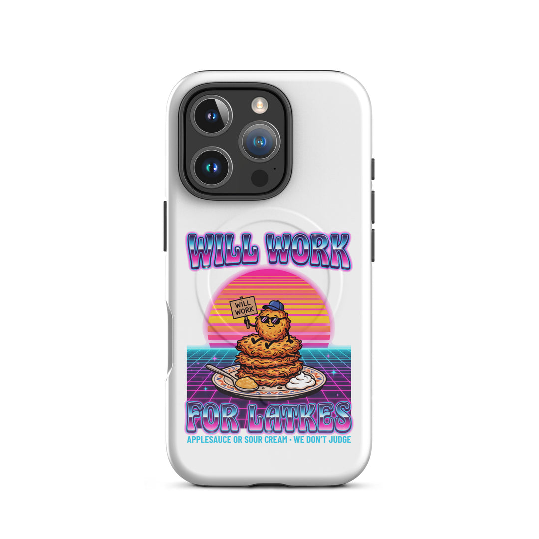 Will Work for Latkes 80s Jewish pride magsafe® tough case for iphone® in Glossy - lifestyle shot