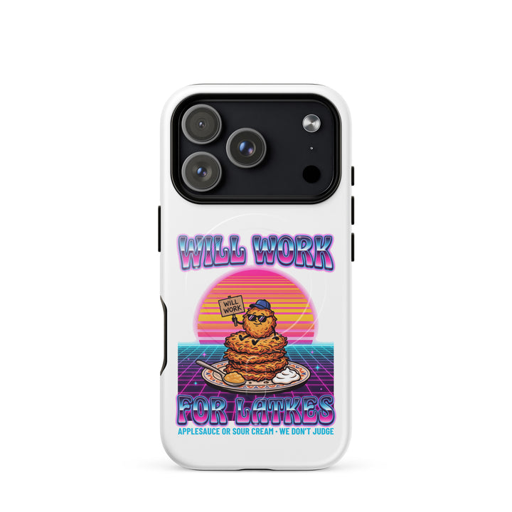 Will Work for Latkes 80s Jewish pride magsafe® tough case for iphone® in Glossy - lifestyle shot