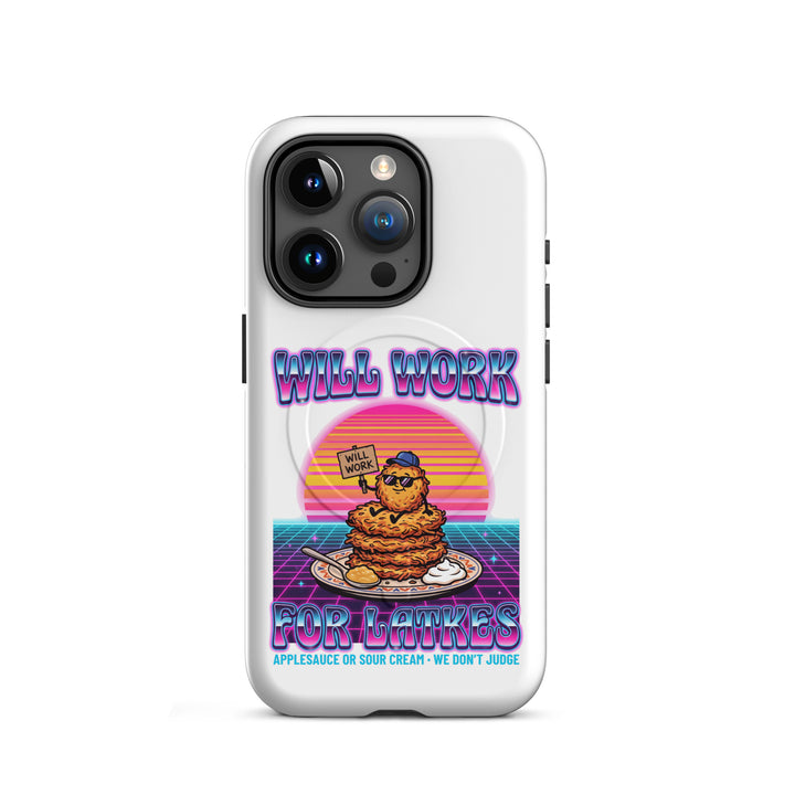 Will Work for Latkes 80s Jewish pride magsafe® tough case for iphone® in Matte - side view