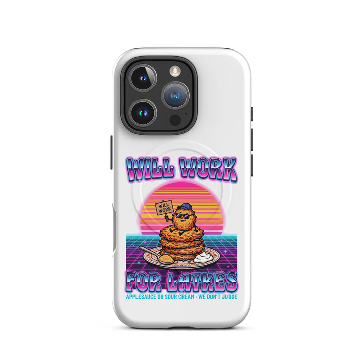 Will Work for Latkes 80s Jewish pride magsafe® tough case for iphone® in Matte - side view