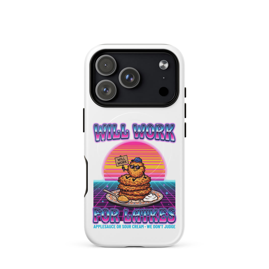 Will Work for Latkes 80s Jewish pride magsafe® tough case for iphone® in Matte - side view