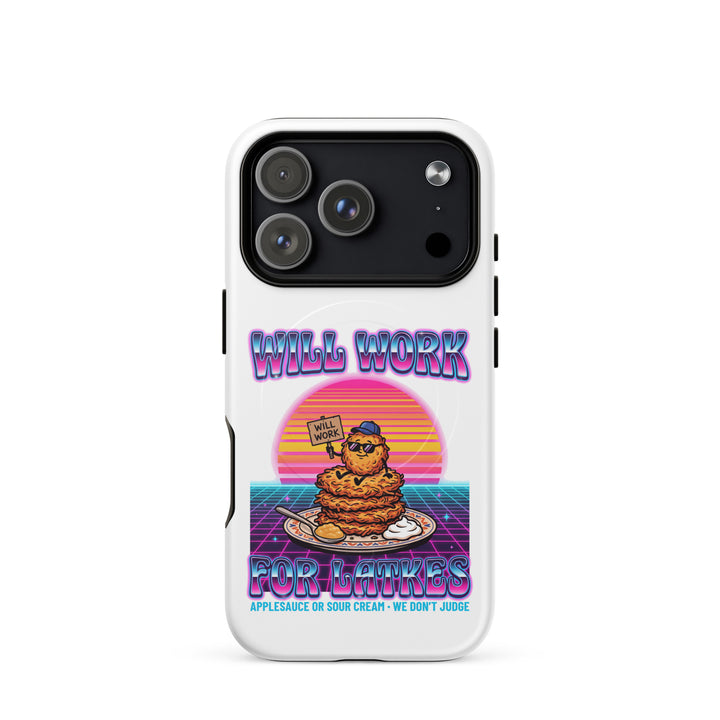 Will Work for Latkes 80s Jewish pride magsafe® tough case for iphone® in Matte - side view