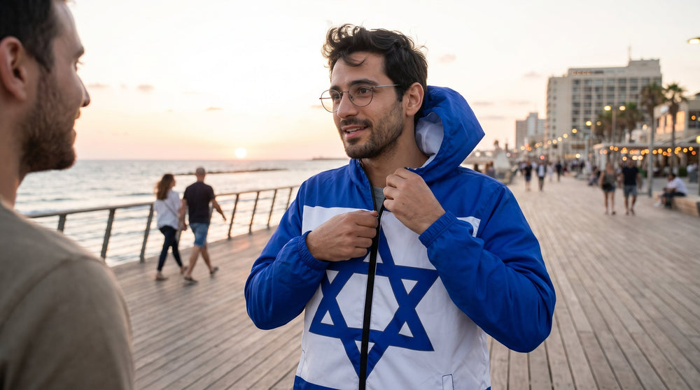 Israel Flag All Over men’s windbreaker worn by a man at the Tel Aviv Port boardwalk – MoT Member of the Tribe