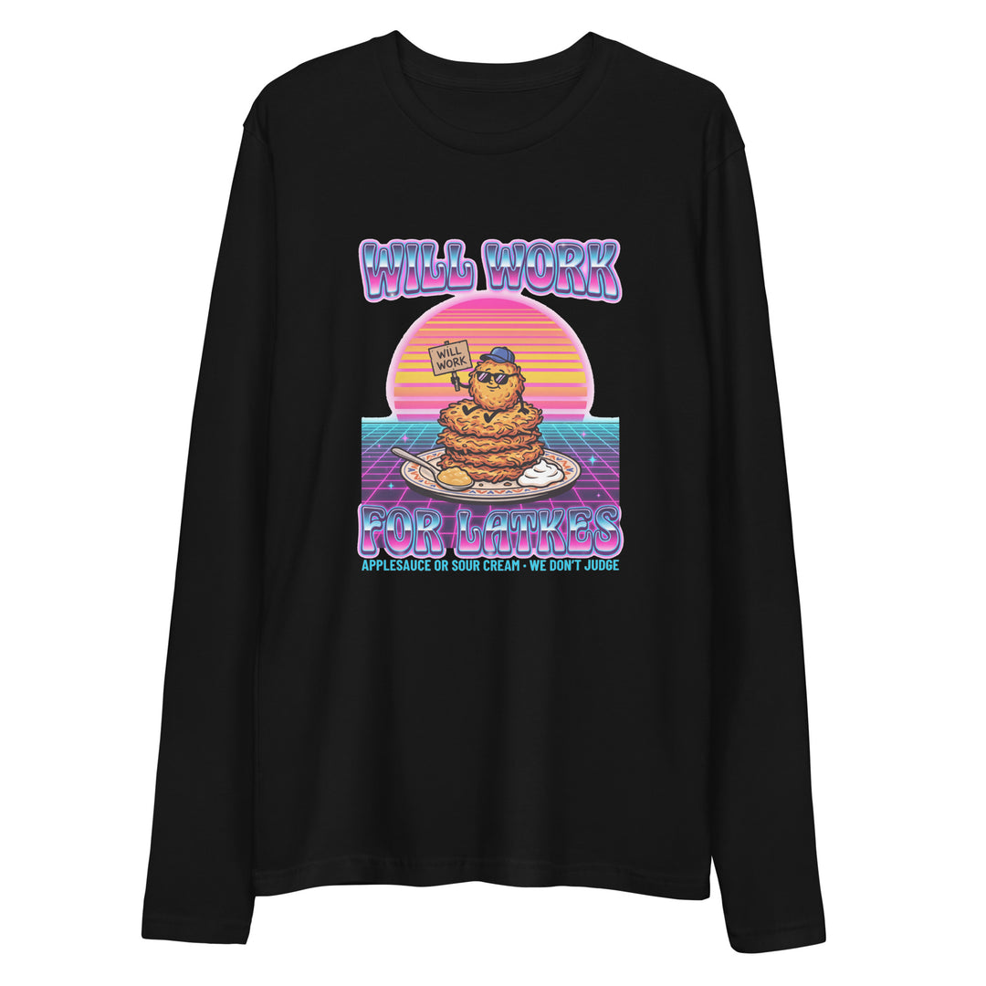 Will Work for Latkes 80s Jewish pride fitted crew in Black - front view