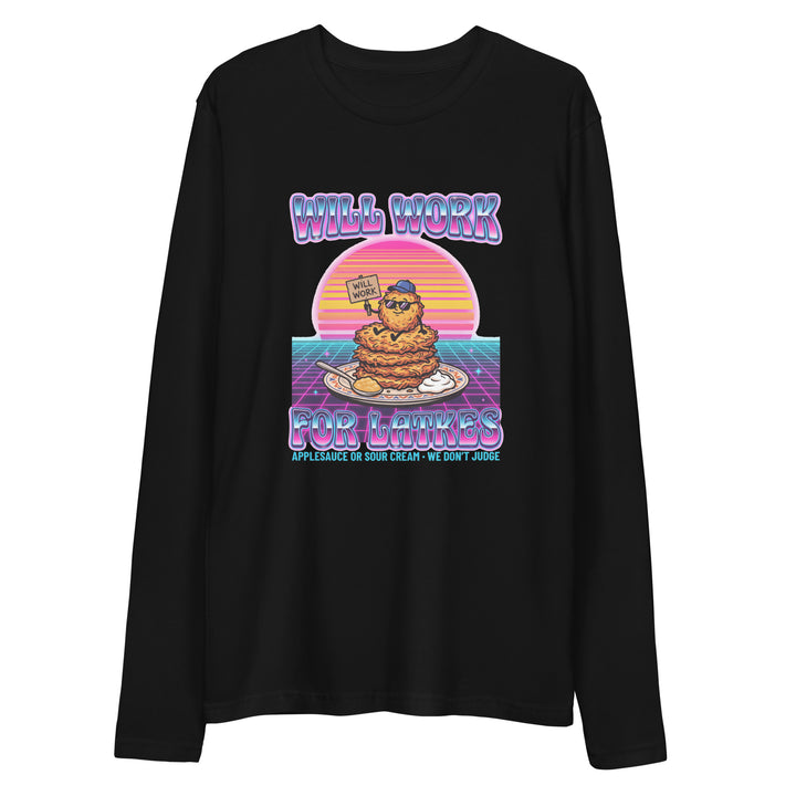 Will Work for Latkes 80s Jewish pride fitted crew in Black - front view