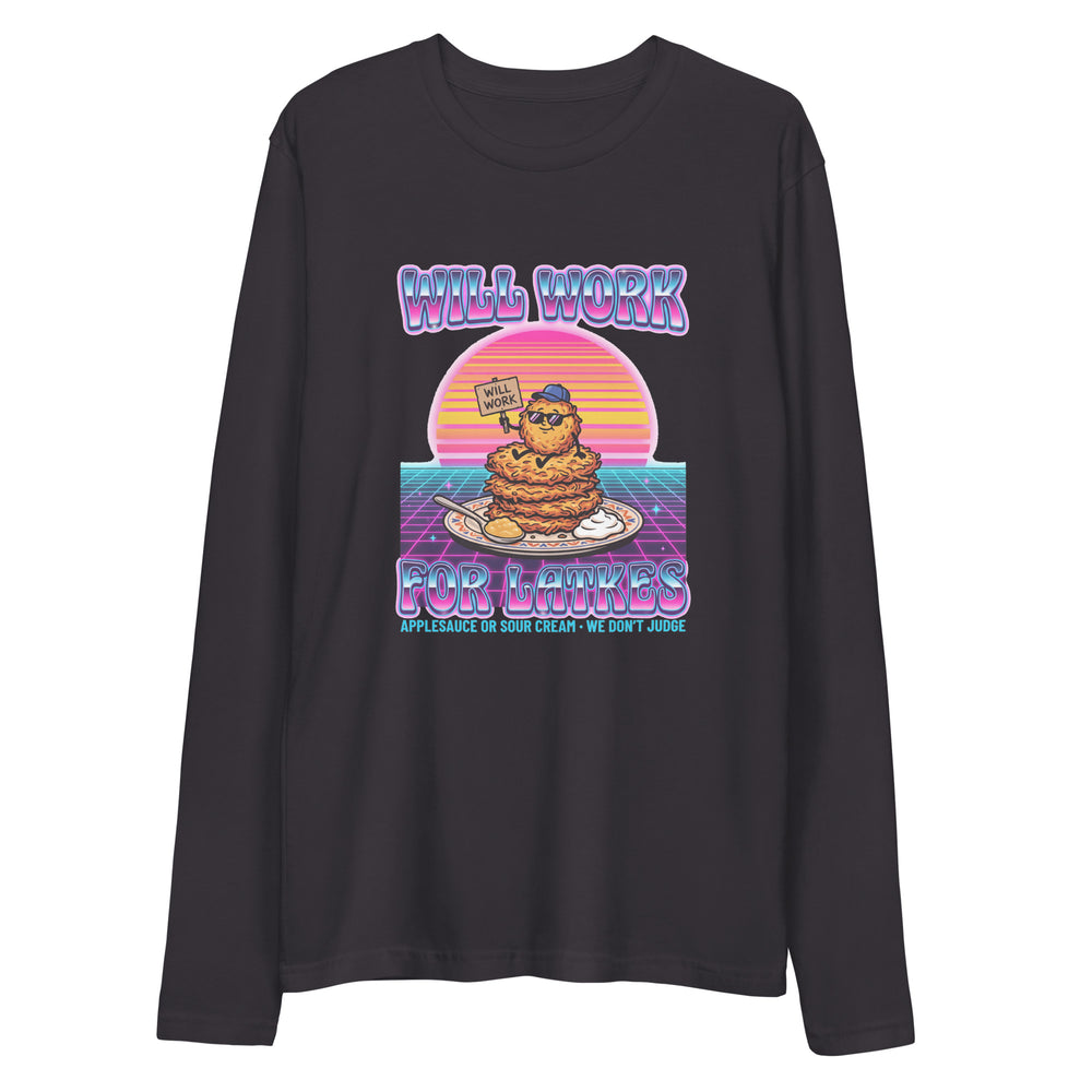 Will Work for Latkes 80s Jewish pride fitted crew in Heavy Metal - back view