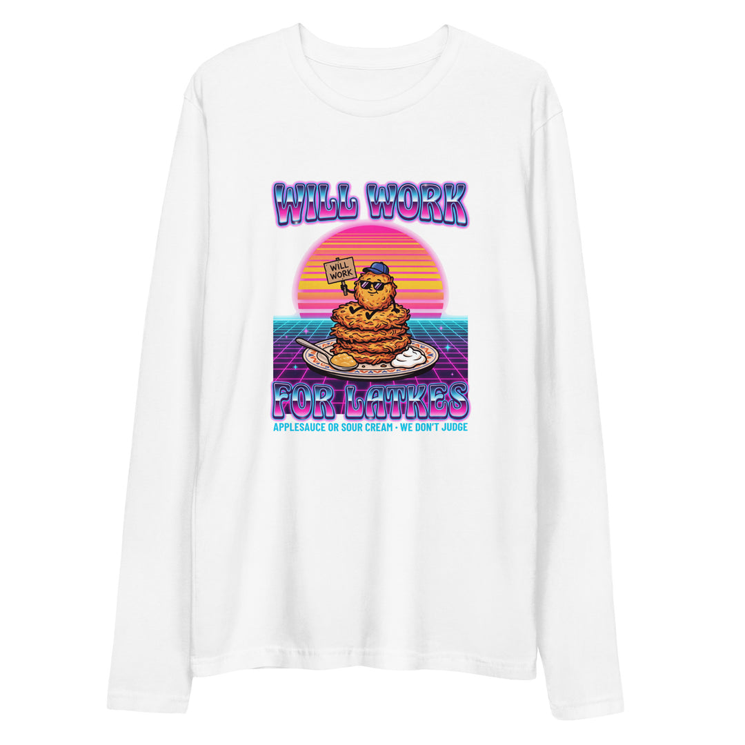Will Work for Latkes 80s Jewish pride fitted crew in White - detail view