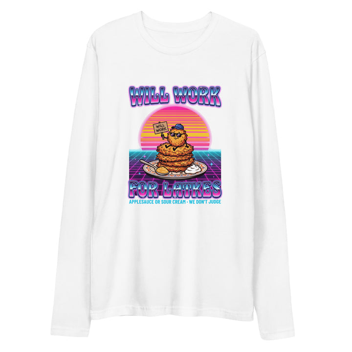 Will Work for Latkes 80s Jewish pride fitted crew in White - detail view
