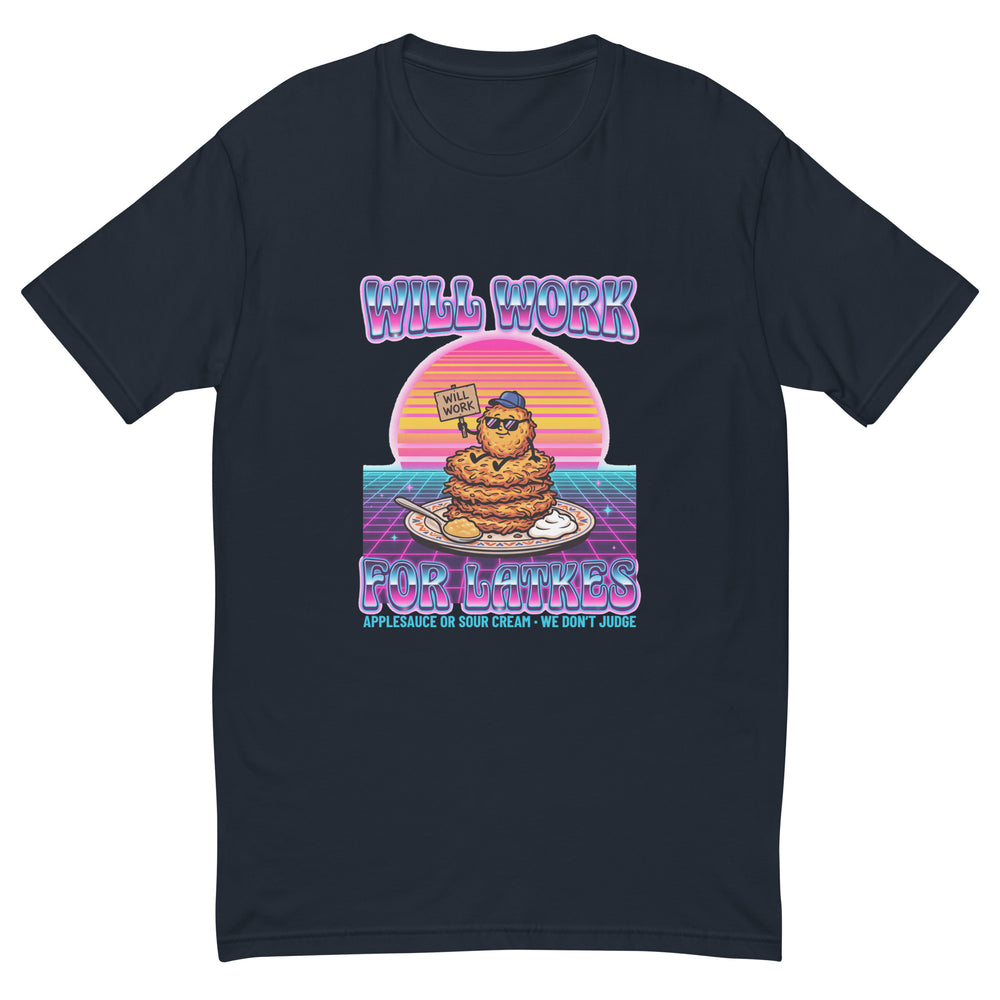 Will Work for Latkes 80s Jewish pride men's fitted t-shirt in Midnight Navy - back view