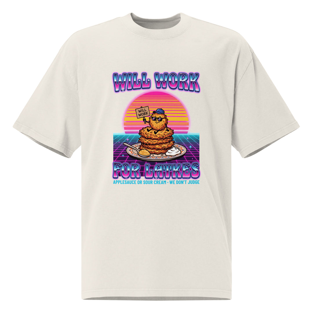 Will Work for Latkes 80s Jewish pride faded t-shirt in Faded Bone - side view