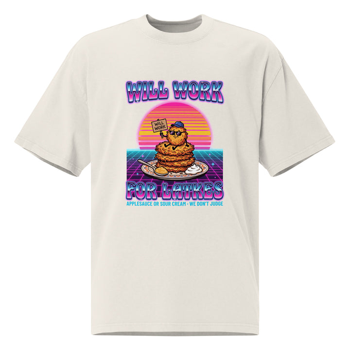 Will Work for Latkes 80s Jewish pride faded t-shirt in Faded Bone - side view