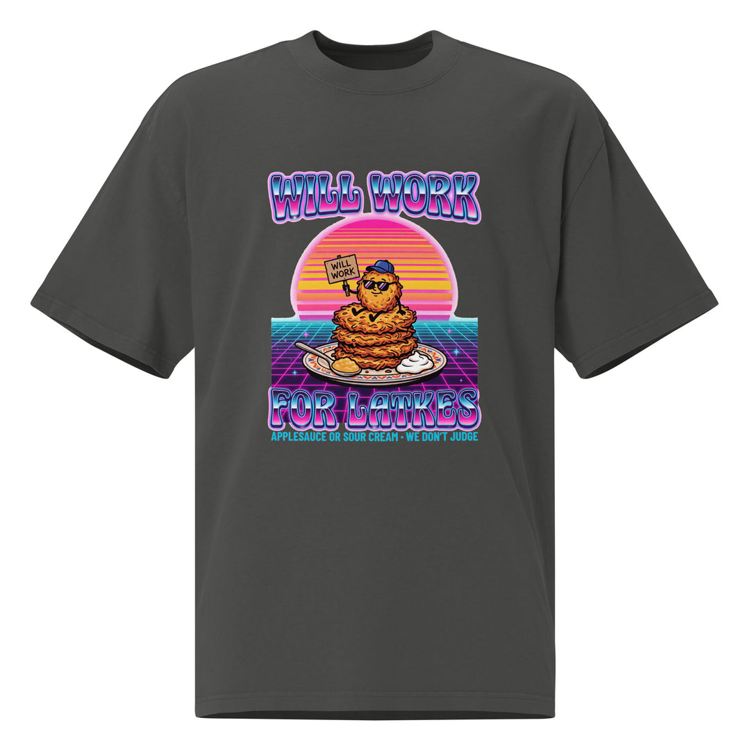 Will Work for Latkes 80s Jewish pride faded t-shirt in Faded Coal - back view