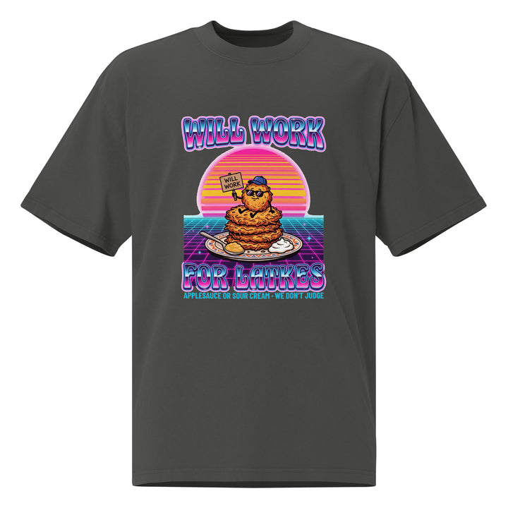 Will Work for Latkes 80s Jewish pride faded t-shirt in Faded Coal - back view