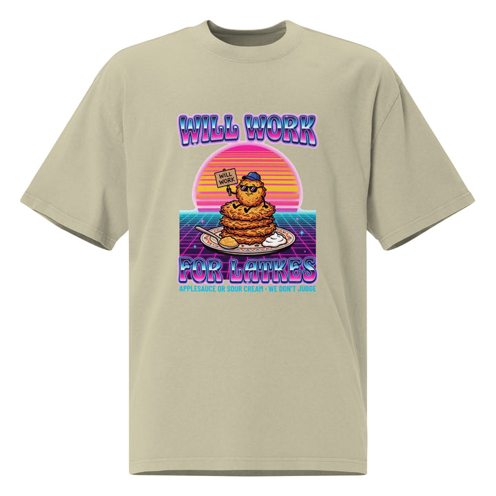 Will Work for Latkes 80s Jewish pride faded t-shirt in Faded Eucalyptus - lifestyle shot