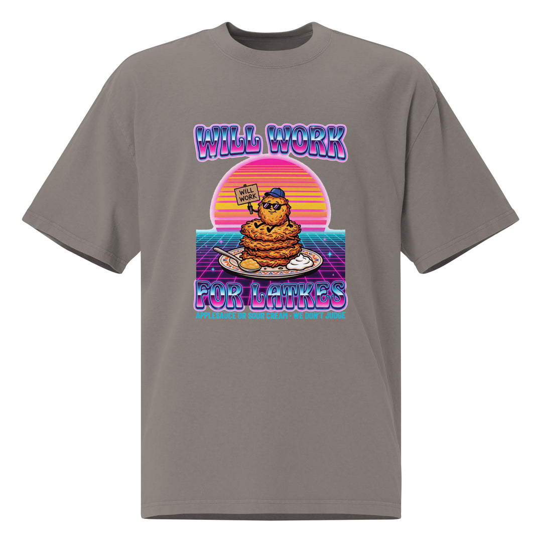 Will Work for Latkes 80s Jewish pride faded t-shirt in Faded Grey - close-up
