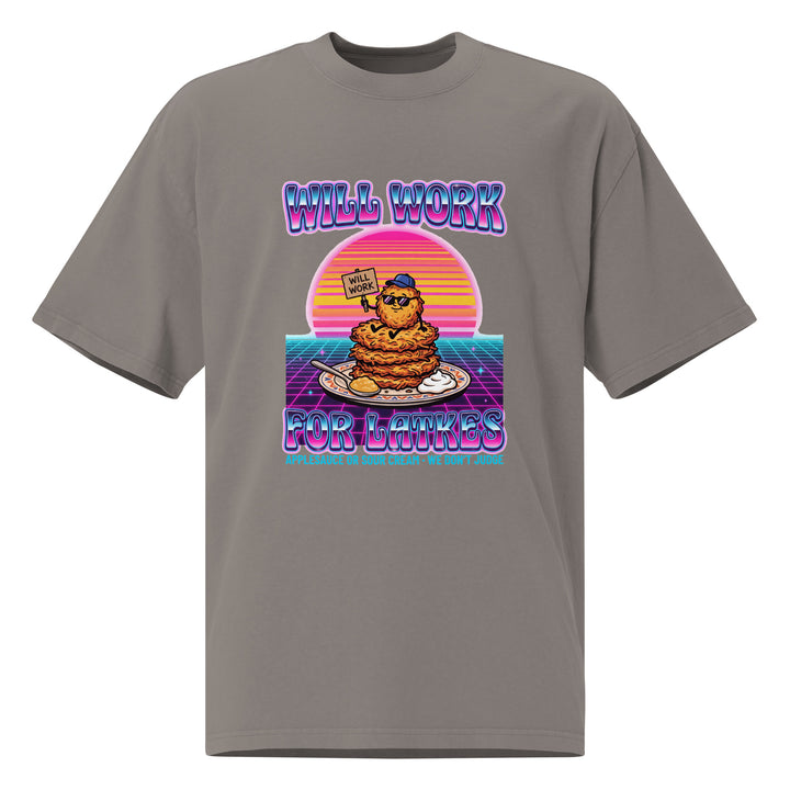 Will Work for Latkes 80s Jewish pride faded t-shirt in Faded Grey - close-up