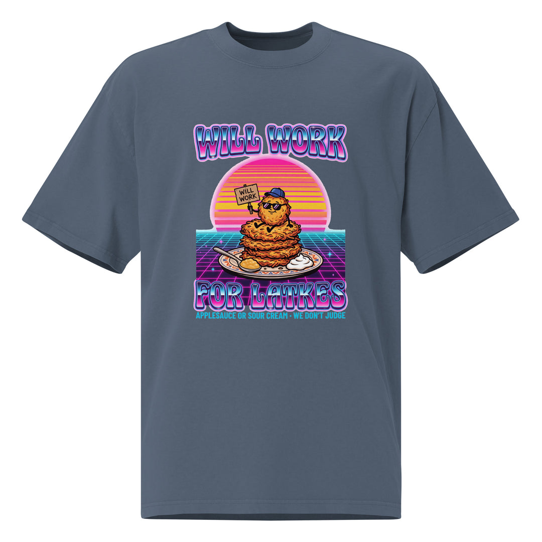 Will Work for Latkes 80s Jewish pride faded t-shirt in Faded Indigo - detail view
