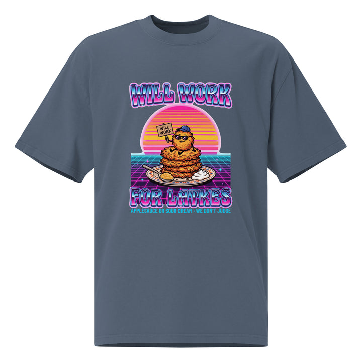 Will Work for Latkes 80s Jewish pride faded t-shirt in Faded Indigo - detail view