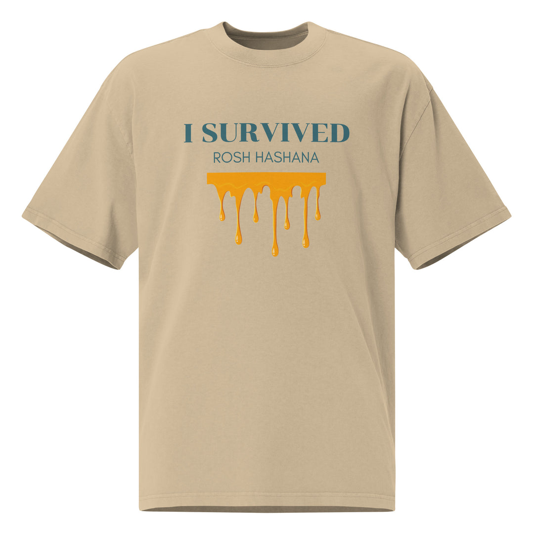 I Survived Rosh HaShana Jewish pride faded t-shirt in Faded Khaki - lifestyle shot