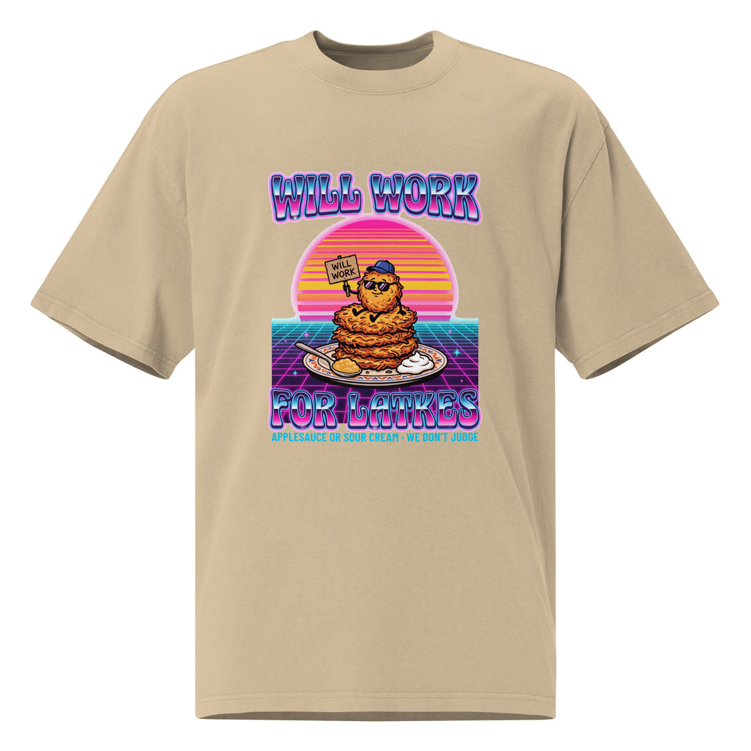 Will Work for Latkes 80s Jewish pride faded t-shirt in Faded Khaki - flat lay