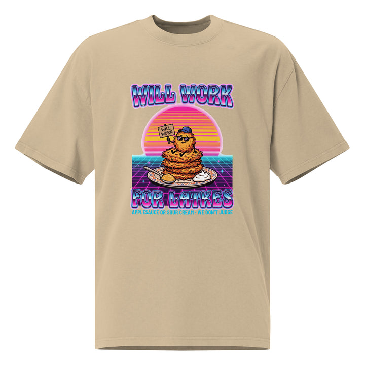 Will Work for Latkes 80s Jewish pride faded t-shirt in Faded Khaki - flat lay