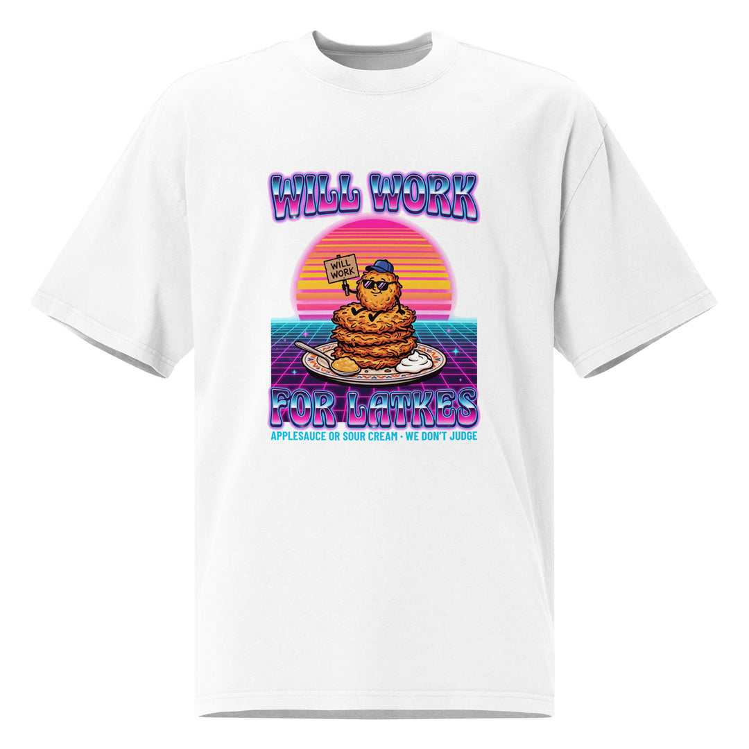Will Work for Latkes 80s Jewish pride faded t-shirt in Faded White - folded view