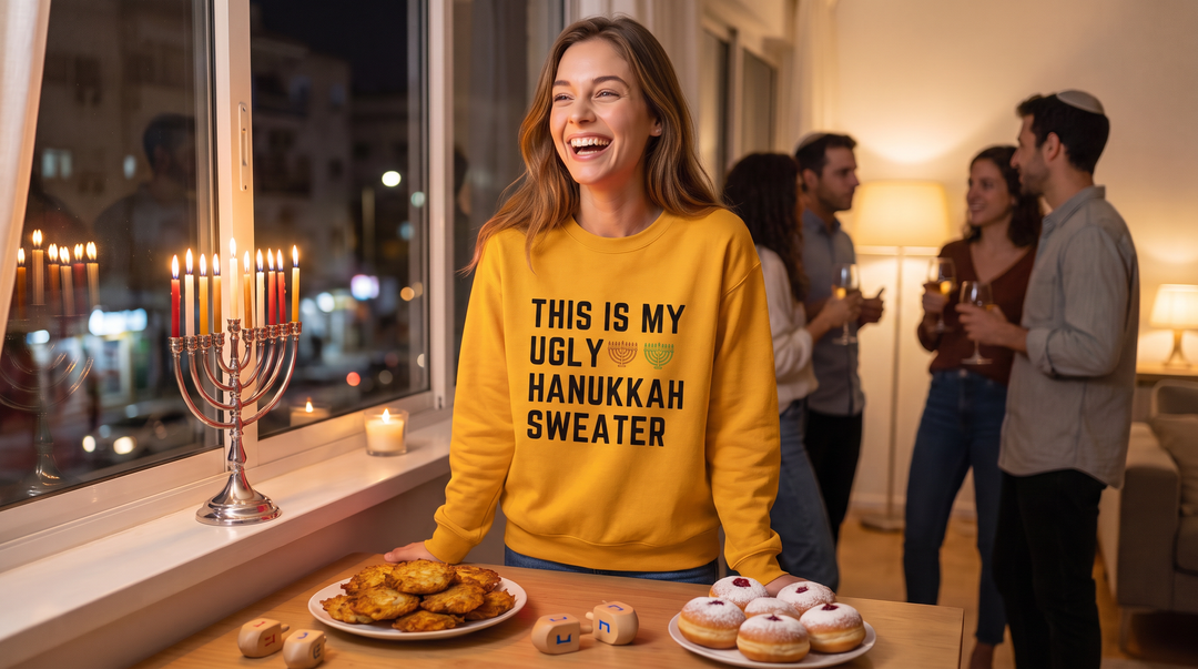 Woman wearing the My Ugly Hanukkah Sweater sweatshirt in Gold at a Hanukkah party with a lit menorah, latkes and sufganiyot