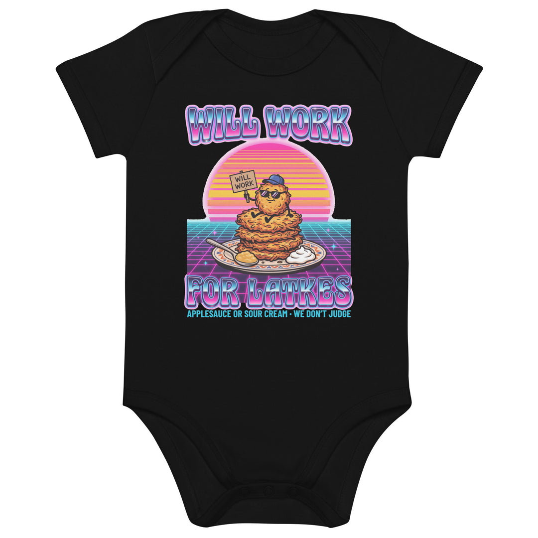 Will Work for Latkes 80s Jewish pride kids baby bodysuit in Black - front view