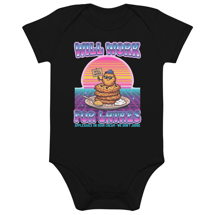 Will Work for Latkes 80s Jewish pride kids baby bodysuit in Black - front view