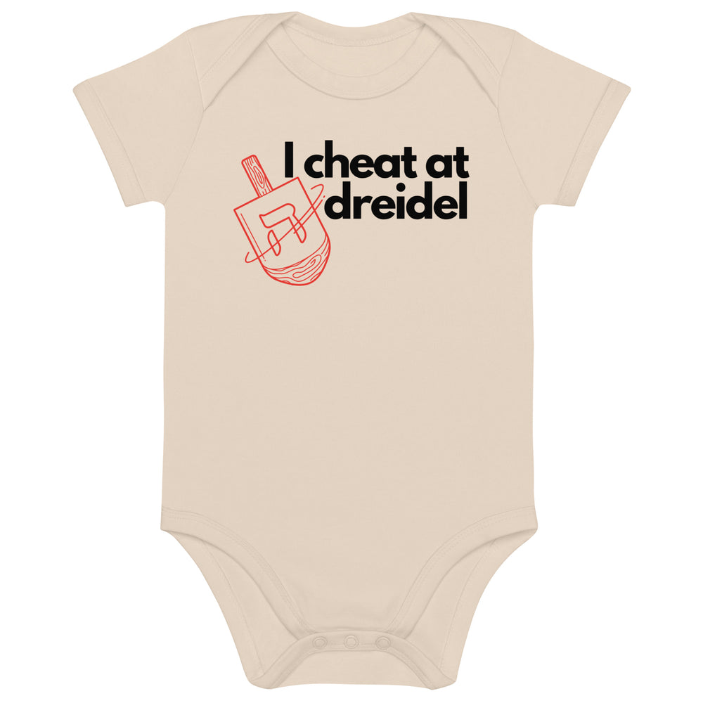 I Cheat At Dreidel Jewish pride kids baby bodysuit in Organic Natural - back view