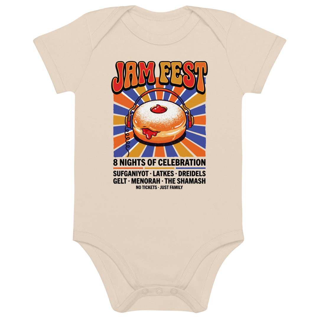 Jam Fest 8 Nights Jewish pride kids baby bodysuit in Organic Natural - front view