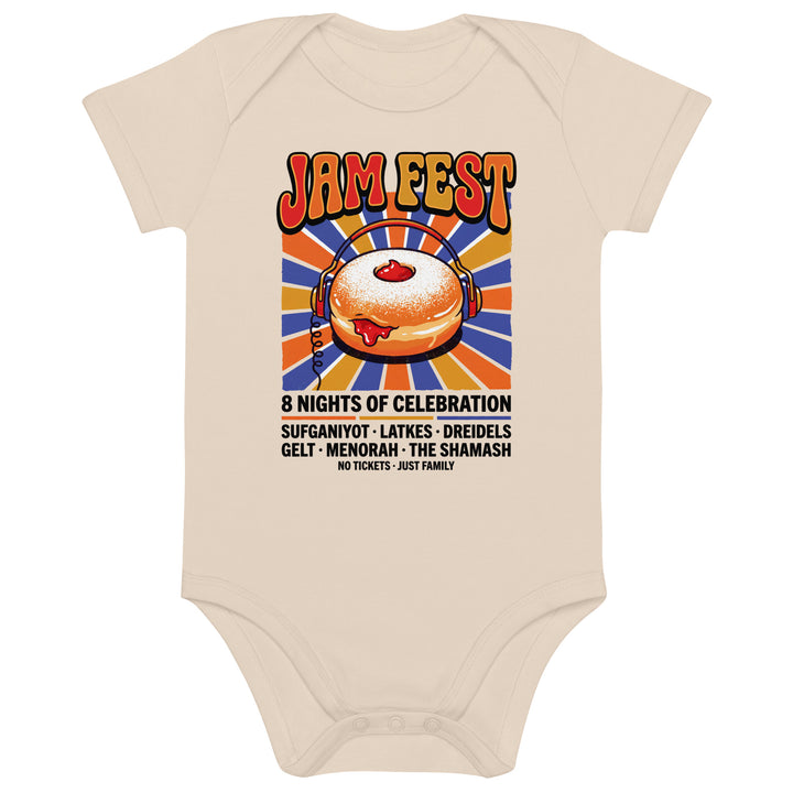 Jam Fest 8 Nights Jewish pride kids baby bodysuit in Organic Natural - front view