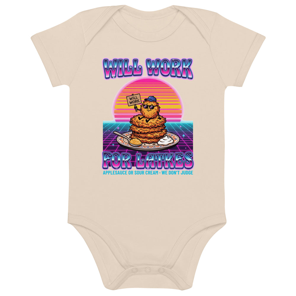 Will Work for Latkes 80s Jewish pride kids baby bodysuit in Organic Natural - back view