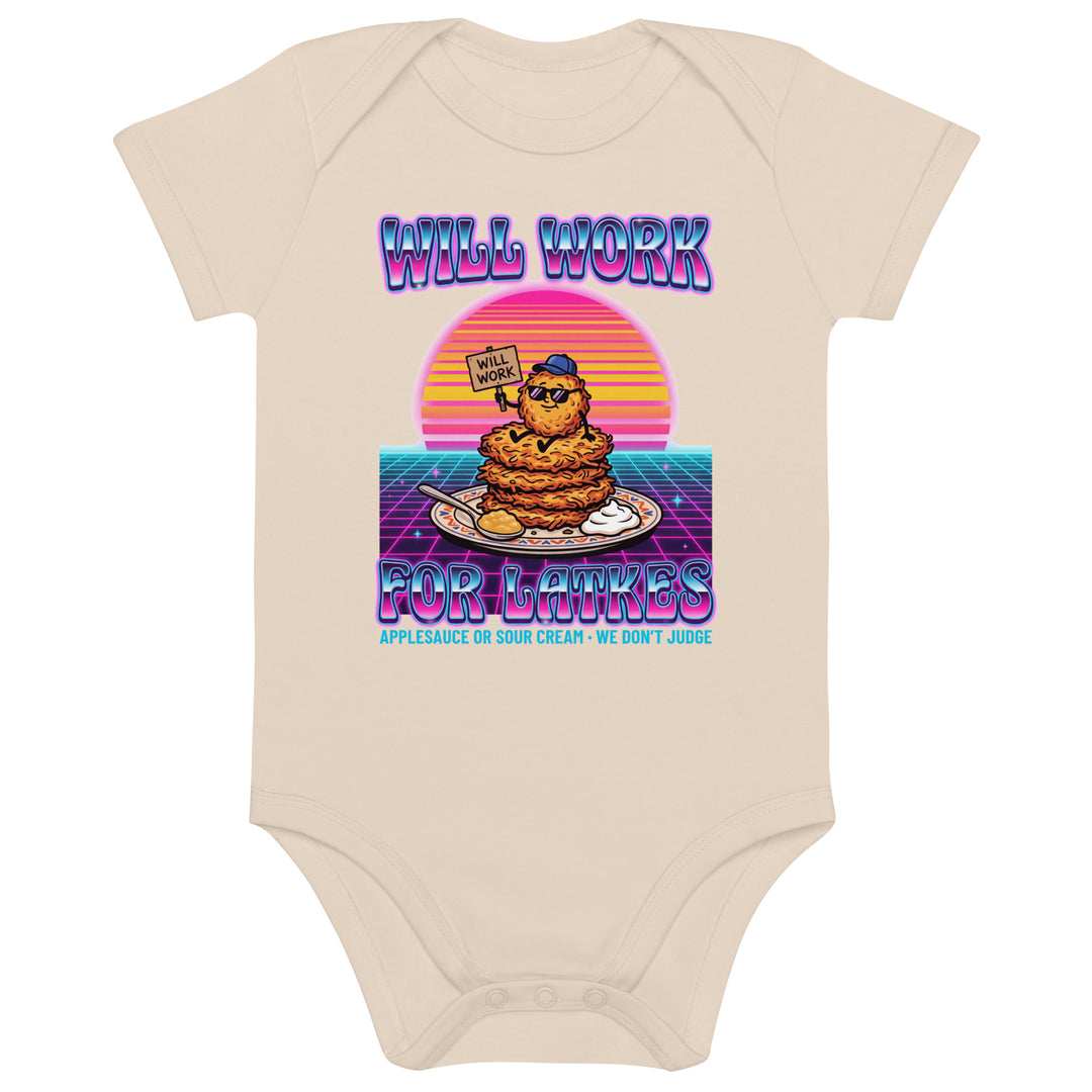 Will Work for Latkes 80s Jewish pride kids baby bodysuit in Organic Natural - back view