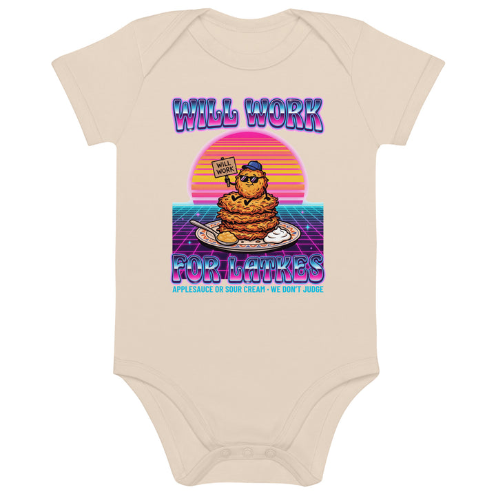 Will Work for Latkes 80s Jewish pride kids baby bodysuit in Organic Natural - back view
