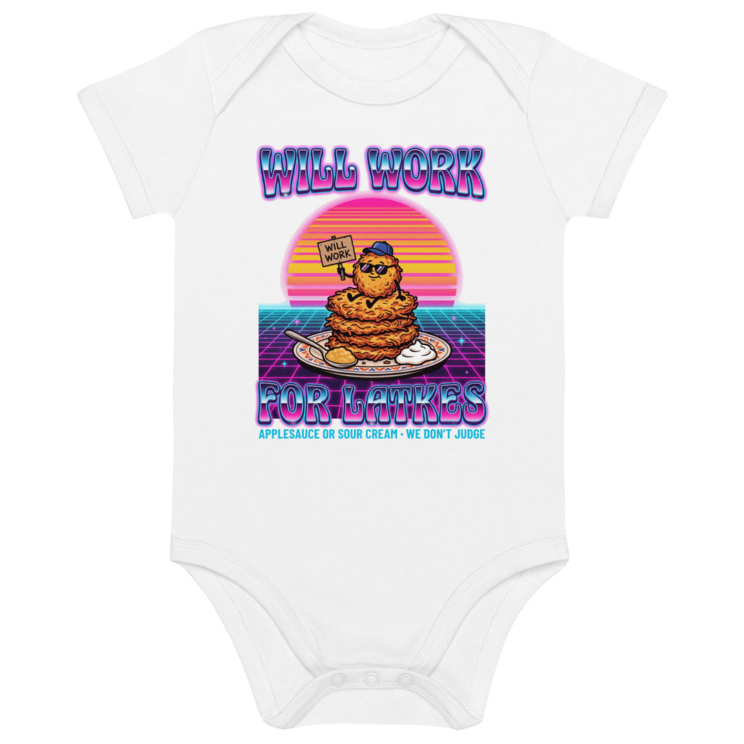 Will Work for Latkes 80s Jewish pride kids baby bodysuit in White - detail view