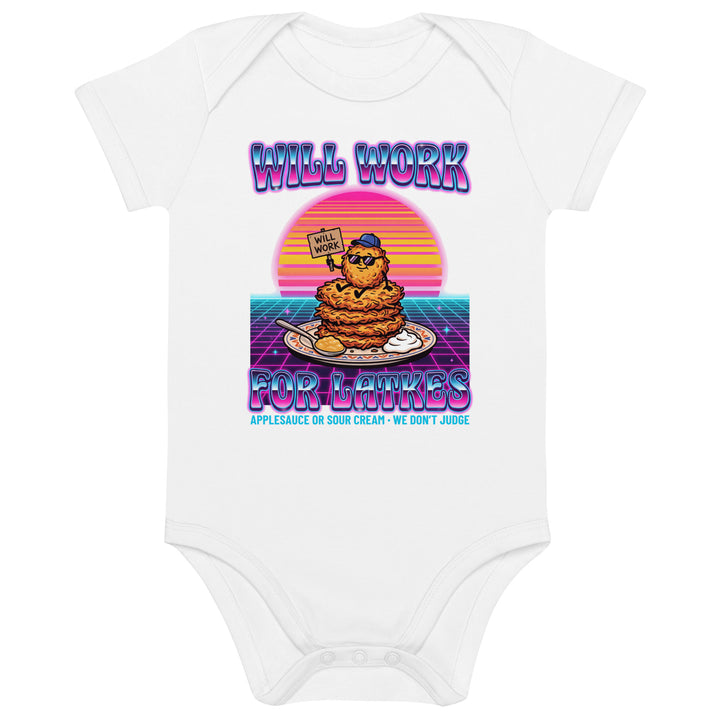 Will Work for Latkes 80s Jewish pride kids baby bodysuit in White - detail view