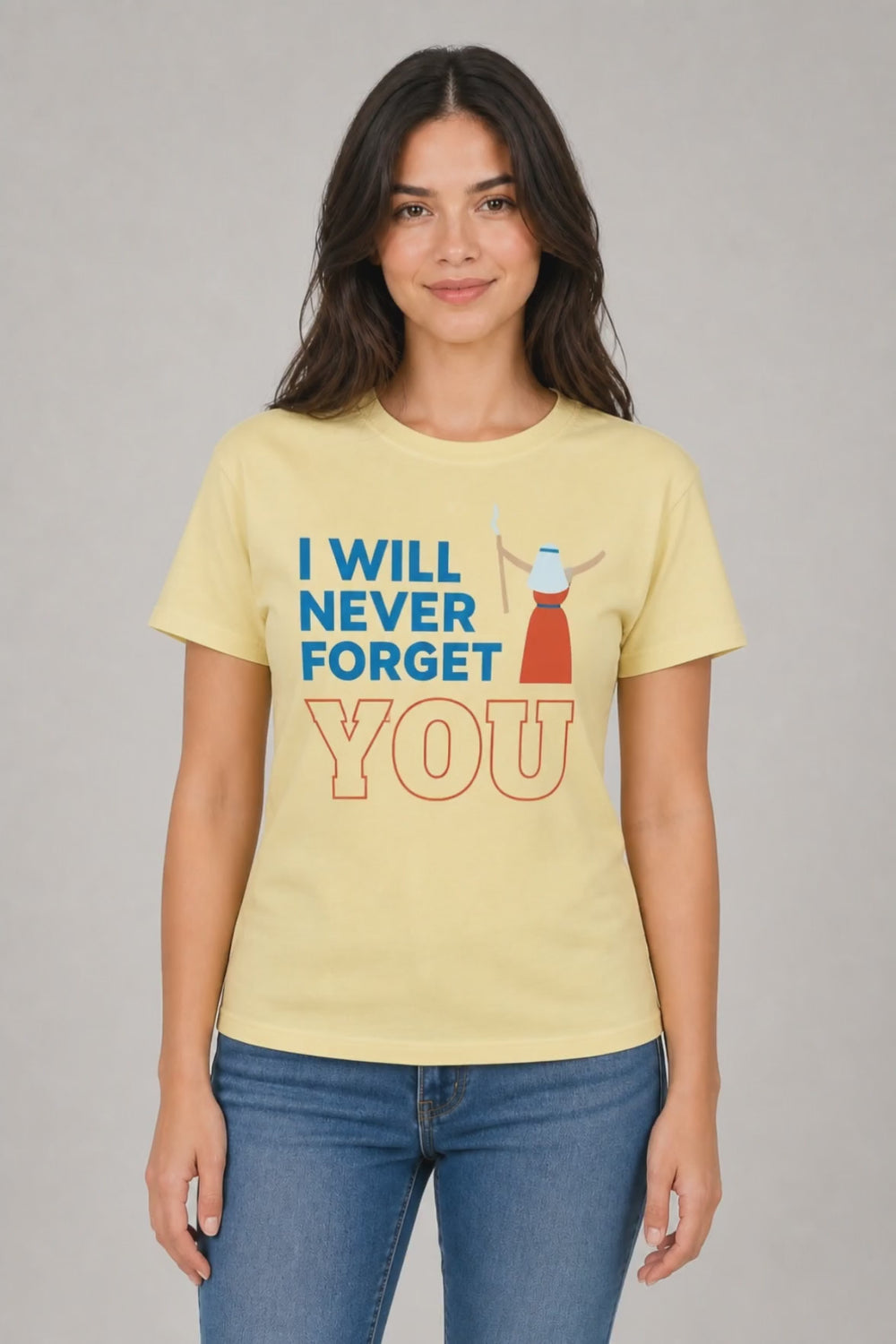 Woman wearing a yellow I Will Never Forget t-shirt, October 7 remembrance apparel