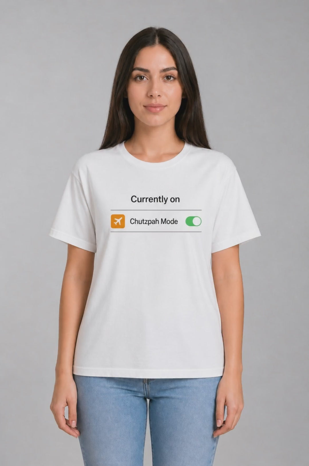 Woman wearing a white Chutzpah Mode t-shirt, funny Jewish apparel