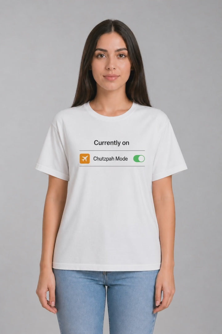 Woman wearing a white Chutzpah Mode t-shirt, funny Jewish apparel