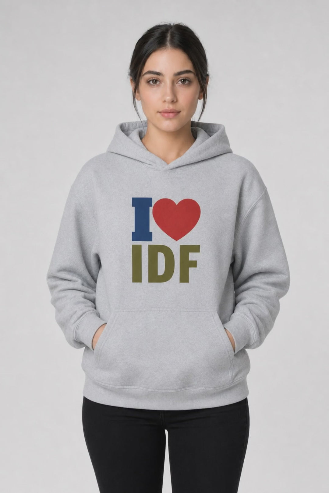 Woman wearing a grey I Love IDF hoodie with red heart, Israel solidarity apparel