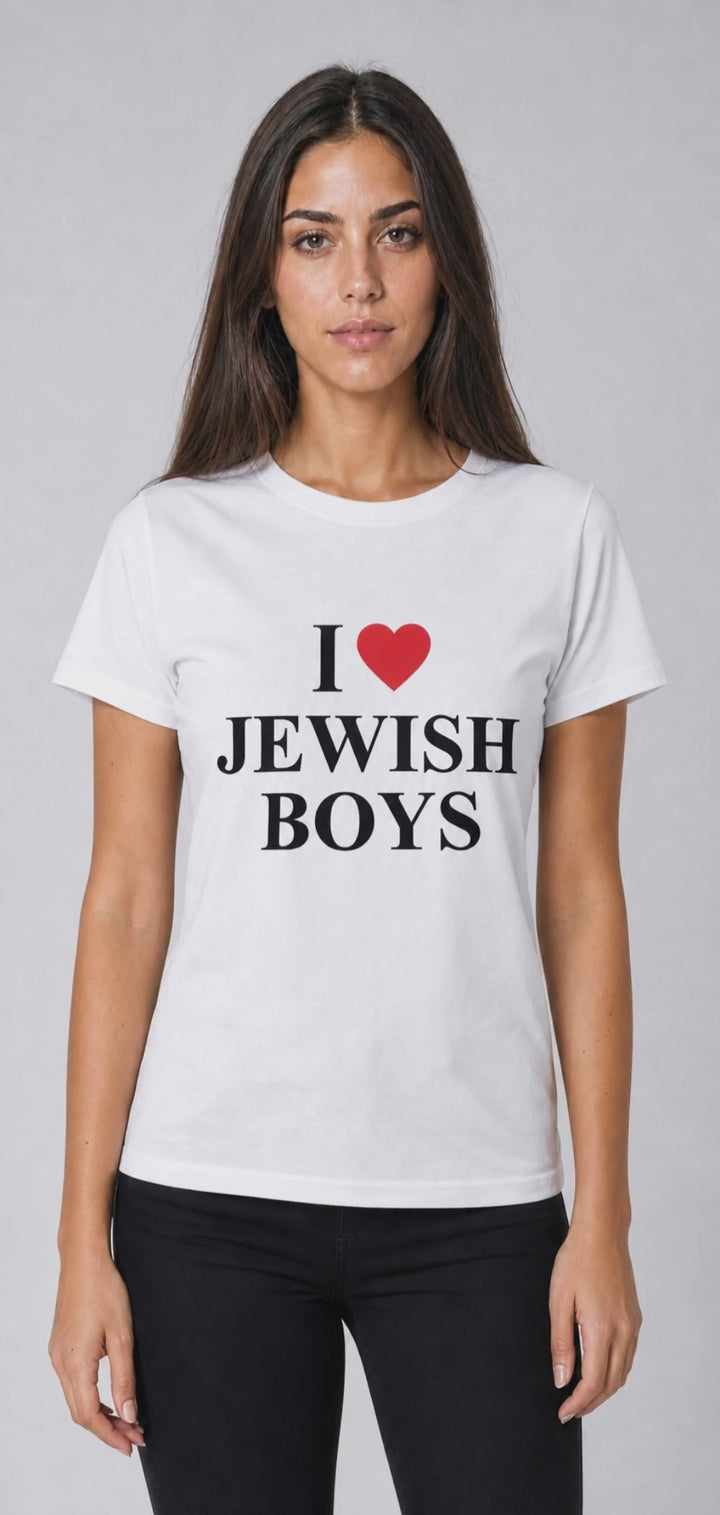 Woman wearing a white I Love Jewish Boys t-shirt, Jewish pride apparel