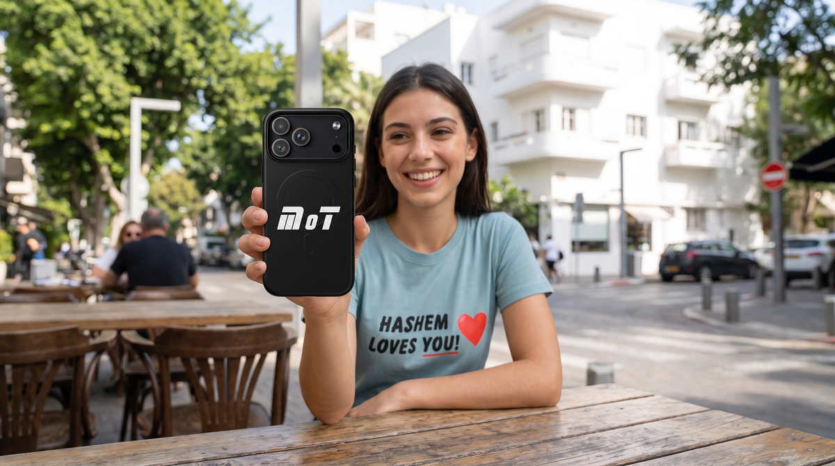 Woman in Tel Aviv holding the new iPhone 18 Pro Max in a MoT Member of the Tribe MagSafe tough case