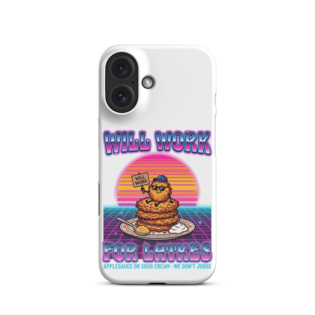 Will Work for Latkes 80s Jewish pride snap phone case for iPhone 16, glossy finish - front view