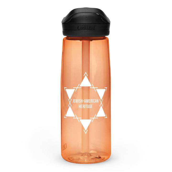 Jewish American Heritage Jewish pride sports water bottle in Desert Sunrise - flat lay